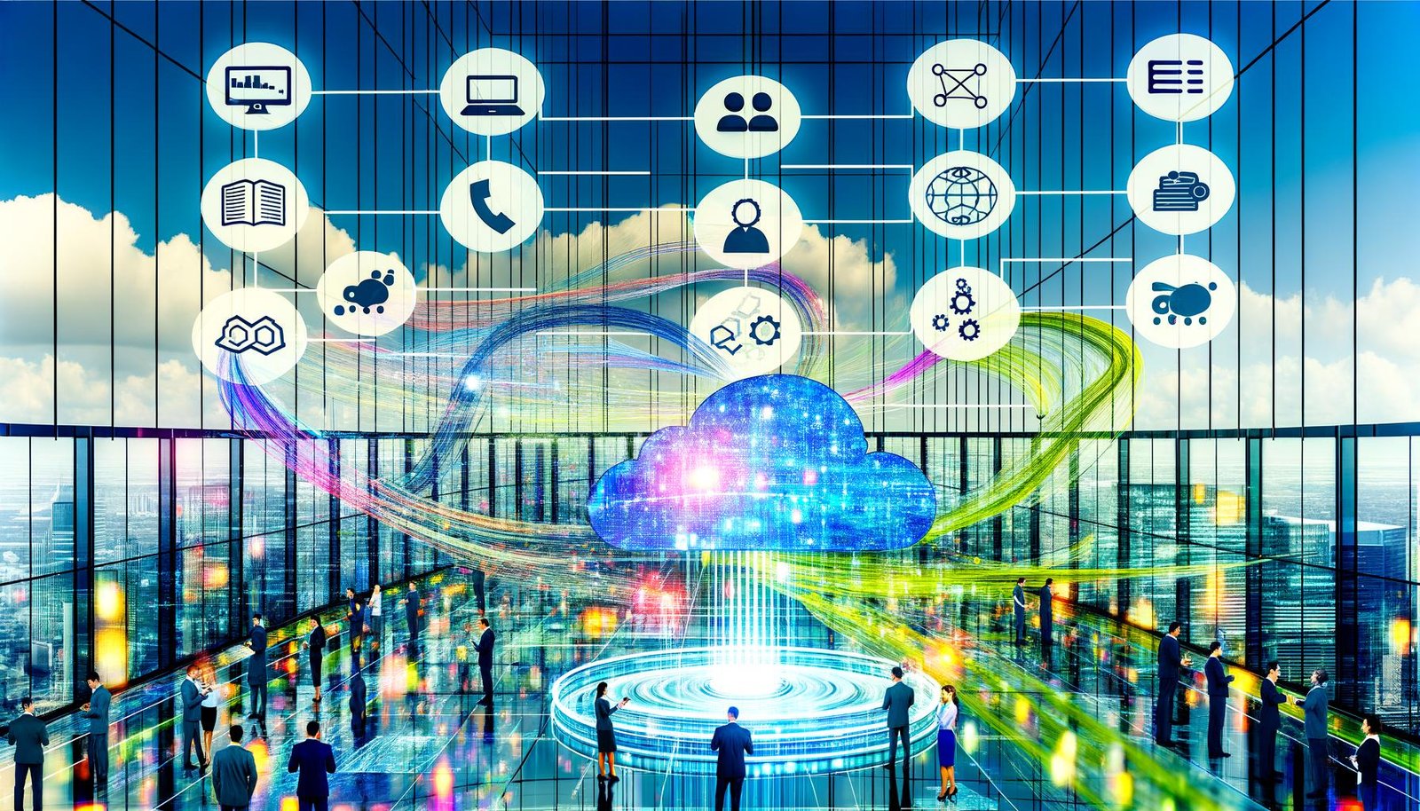 Visionäre Datenlandschaft in einer modernen Firmenzentrale mit zentraler, leuchtender Datenplattform, digitalen Datenströmen, verbundenen Abteilungen, schwebenden Icons für ETL, Analytics, KI, Data Governance und Security sowie Managern und Data Scientists mit Tablets und Hologrammen