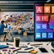 Moderner Loft-Arbeitsplatz mit kreativem Profi, Laptop, chaotischen Notizen, KI-Tool-Icons auf dem Bildschirm sowie einem Whiteboard mit Strategie-Skizzen im Hintergrund, lebendige und technisch-inspirierte Atmosphäre.