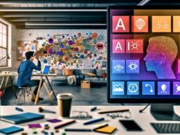 Moderner Loft-Arbeitsplatz mit kreativem Profi, Laptop, chaotischen Notizen, KI-Tool-Icons auf dem Bildschirm sowie einem Whiteboard mit Strategie-Skizzen im Hintergrund, lebendige und technisch-inspirierte Atmosphäre.