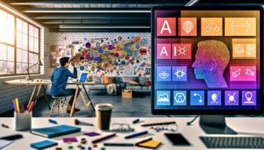 Moderner Loft-Arbeitsplatz mit kreativem Profi, Laptop, chaotischen Notizen, KI-Tool-Icons auf dem Bildschirm sowie einem Whiteboard mit Strategie-Skizzen im Hintergrund, lebendige und technisch-inspirierte Atmosphäre.