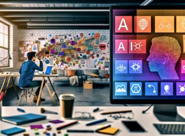 Moderner Loft-Arbeitsplatz mit kreativem Profi, Laptop, chaotischen Notizen, KI-Tool-Icons auf dem Bildschirm sowie einem Whiteboard mit Strategie-Skizzen im Hintergrund, lebendige und technisch-inspirierte Atmosphäre.