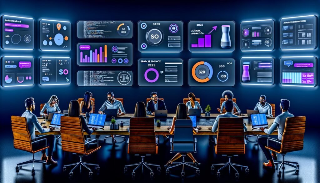 Futuristischer Arbeitsplatz mit großen Monitoren, SEO-Analysen, Code und Voice-Search-Anfragen, Team arbeitet um einen zentralen Sonos Smart Speaker