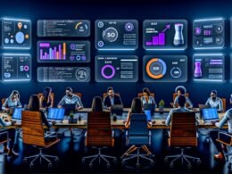 Futuristischer Arbeitsplatz mit großen Monitoren, SEO-Analysen, Code und Voice-Search-Anfragen, Team arbeitet um einen zentralen Sonos Smart Speaker