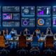 Futuristischer Arbeitsplatz mit großen Monitoren, SEO-Analysen, Code und Voice-Search-Anfragen, Team arbeitet um einen zentralen Sonos Smart Speaker