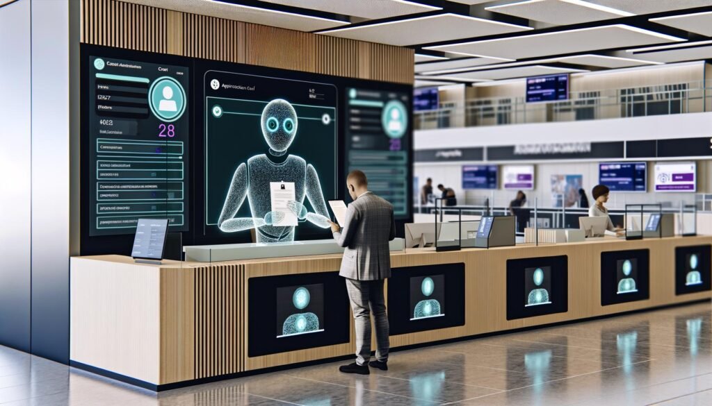 Digitalisierter Schalterbereich im Bürgeramt 2025 mit KI-Figur am Bildschirm, Bürger mit Tablet, Echtzeit-Antragsprüfung und moderner Verwaltungstechnik.