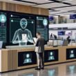 Digitalisierter Schalterbereich im Bürgeramt 2025 mit KI-Figur am Bildschirm, Bürger mit Tablet, Echtzeit-Antragsprüfung und moderner Verwaltungstechnik.