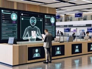 Digitalisierter Schalterbereich im Bürgeramt 2025 mit KI-Figur am Bildschirm, Bürger mit Tablet, Echtzeit-Antragsprüfung und moderner Verwaltungstechnik.
