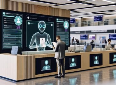 Digitalisierter Schalterbereich im Bürgeramt 2025 mit KI-Figur am Bildschirm, Bürger mit Tablet, Echtzeit-Antragsprüfung und moderner Verwaltungstechnik.