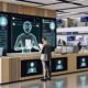 Digitalisierter Schalterbereich im Bürgeramt 2025 mit KI-Figur am Bildschirm, Bürger mit Tablet, Echtzeit-Antragsprüfung und moderner Verwaltungstechnik.