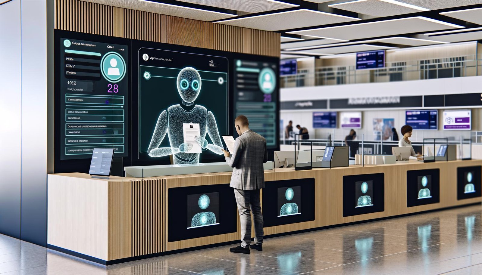 Digitalisierter Schalterbereich im Bürgeramt 2025 mit KI-Figur am Bildschirm, Bürger mit Tablet, Echtzeit-Antragsprüfung und moderner Verwaltungstechnik.