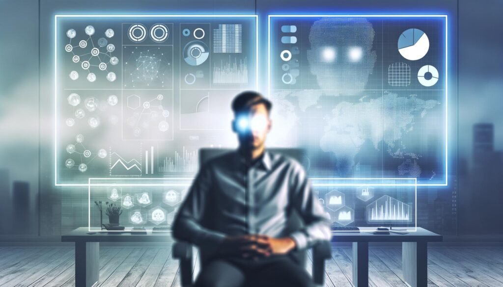 Business-Entscheider in modernem, düsterem Büro blickt auf komplexes Daten-Dashboard, umgeben von Analytics-Symbolen und verschwommenen Lotteriekugeln im Hintergrund.