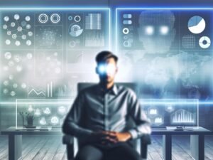 Business-Entscheider in modernem, düsterem Büro blickt auf komplexes Daten-Dashboard, umgeben von Analytics-Symbolen und verschwommenen Lotteriekugeln im Hintergrund.