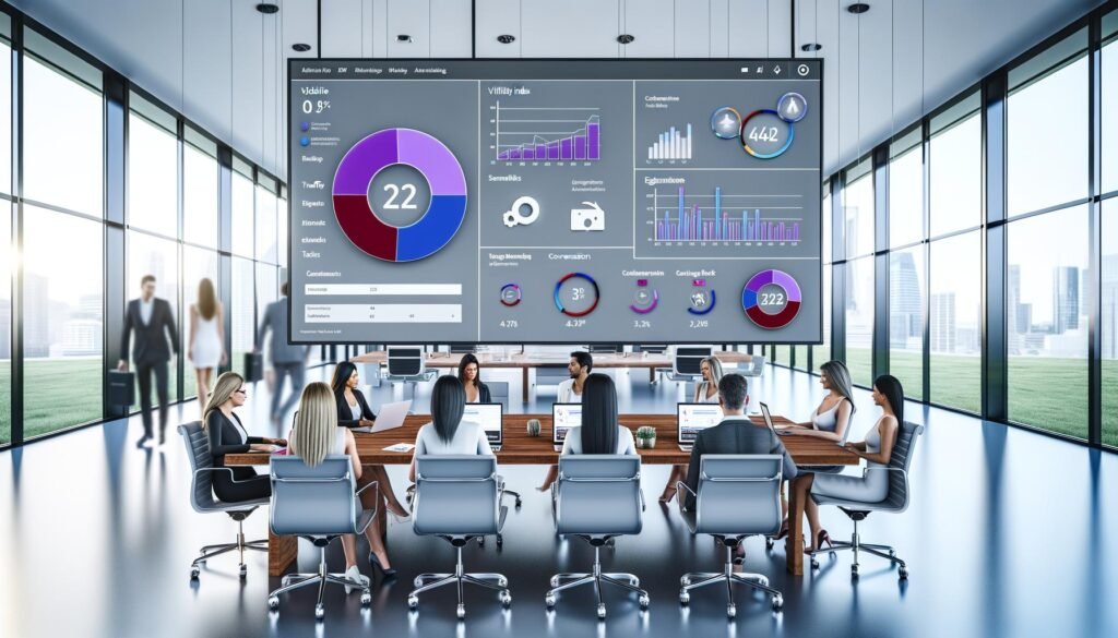 Modernes, responsives SEO-Dashboard auf großem Monitor mit aussagekräftigen Diagrammen und KPI-Karten, umgeben von einem technologieaffinen, geschlechtergemischten Content-Team in elegantem Büro mit Glaswänden.