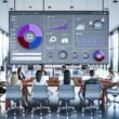 Modernes, responsives SEO-Dashboard auf großem Monitor mit aussagekräftigen Diagrammen und KPI-Karten, umgeben von einem technologieaffinen, geschlechtergemischten Content-Team in elegantem Büro mit Glaswänden.