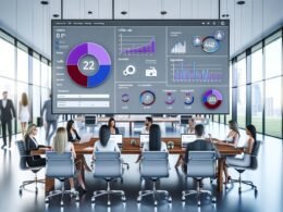 Modernes, responsives SEO-Dashboard auf großem Monitor mit aussagekräftigen Diagrammen und KPI-Karten, umgeben von einem technologieaffinen, geschlechtergemischten Content-Team in elegantem Büro mit Glaswänden.
