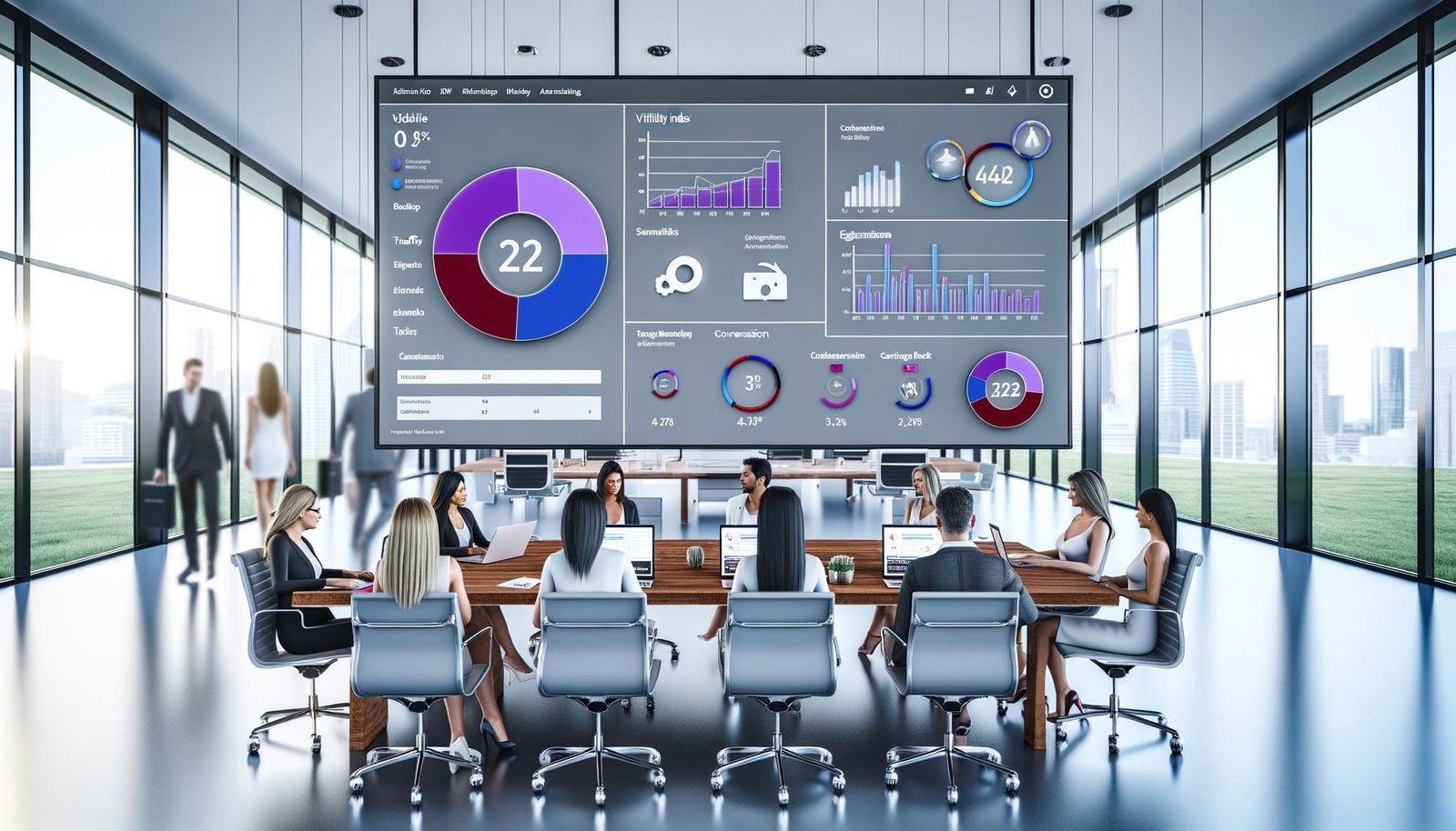 Modernes, responsives SEO-Dashboard auf großem Monitor mit aussagekräftigen Diagrammen und KPI-Karten, umgeben von einem technologieaffinen, geschlechtergemischten Content-Team in elegantem Büro mit Glaswänden.