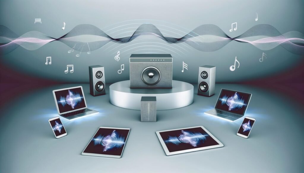 Sonos-Soundsystem auf modernem Schreibtisch, umgeben von digitalen Geräten und abstrahierten Klangwellen in kühlem, minimalistischem Ambiente