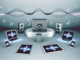 Sonos-Soundsystem auf modernem Schreibtisch, umgeben von digitalen Geräten und abstrahierten Klangwellen in kühlem, minimalistischem Ambiente