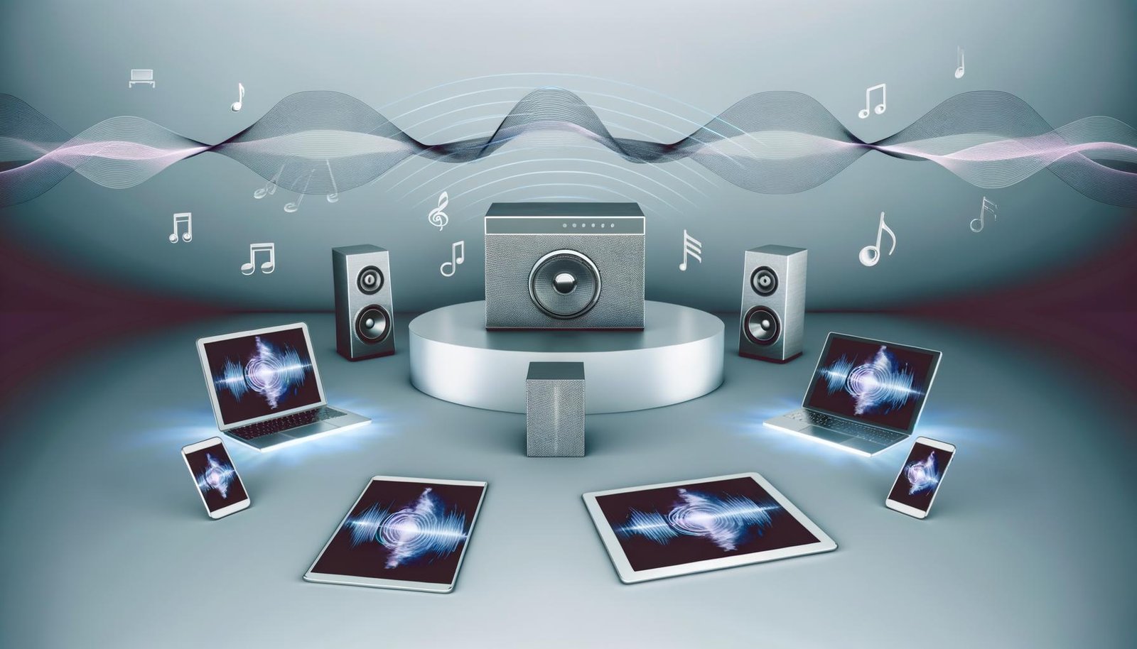 Sonos-Soundsystem auf modernem Schreibtisch, umgeben von digitalen Geräten und abstrahierten Klangwellen in kühlem, minimalistischem Ambiente