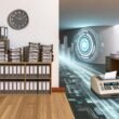 Modernes Büro mit gestapelten Aktenordnern und Faxgerät auf der einen Seite sowie einem KI-Interface mit digitalen Datenströmen und Visualisierungen auf der anderen, im Hintergrund eine große futuristische Digitaluhr auf 2030.