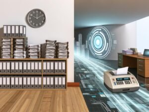 Modernes Büro mit gestapelten Aktenordnern und Faxgerät auf der einen Seite sowie einem KI-Interface mit digitalen Datenströmen und Visualisierungen auf der anderen, im Hintergrund eine große futuristische Digitaluhr auf 2030.