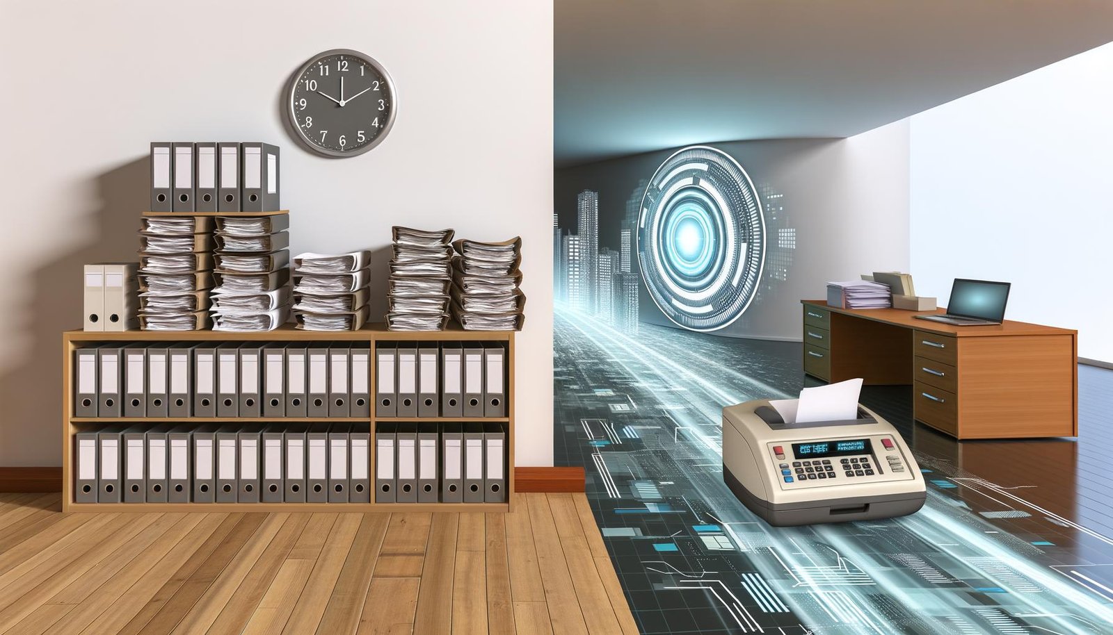 Modernes Büro mit gestapelten Aktenordnern und Faxgerät auf der einen Seite sowie einem KI-Interface mit digitalen Datenströmen und Visualisierungen auf der anderen, im Hintergrund eine große futuristische Digitaluhr auf 2030.