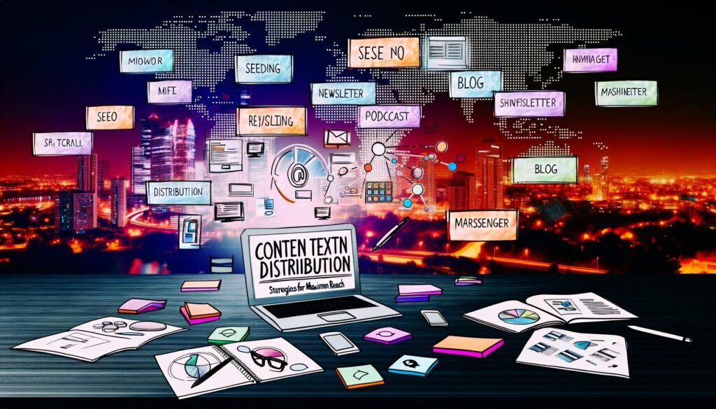 Moderner Schreibtisch mit aufgeklapptem Laptop (CMS-Dashboard), Skizzen, farbigen Post-its zu Content-Themen wie SEO, Seeding und Distribution, Smartphone mit Social-Media-Feed, verschiedenen Channel-Icons und im Hintergrund leuchtenden Städten bei Nacht.
