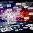 Moderner Schreibtisch mit aufgeklapptem Laptop (CMS-Dashboard), Skizzen, farbigen Post-its zu Content-Themen wie SEO, Seeding und Distribution, Smartphone mit Social-Media-Feed, verschiedenen Channel-Icons und im Hintergrund leuchtenden Städten bei Nacht.