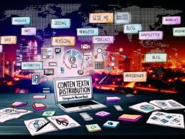 Moderner Schreibtisch mit aufgeklapptem Laptop (CMS-Dashboard), Skizzen, farbigen Post-its zu Content-Themen wie SEO, Seeding und Distribution, Smartphone mit Social-Media-Feed, verschiedenen Channel-Icons und im Hintergrund leuchtenden Städten bei Nacht.