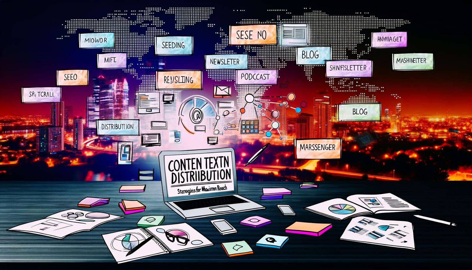 Moderner Schreibtisch mit aufgeklapptem Laptop (CMS-Dashboard), Skizzen, farbigen Post-its zu Content-Themen wie SEO, Seeding und Distribution, Smartphone mit Social-Media-Feed, verschiedenen Channel-Icons und im Hintergrund leuchtenden Städten bei Nacht.