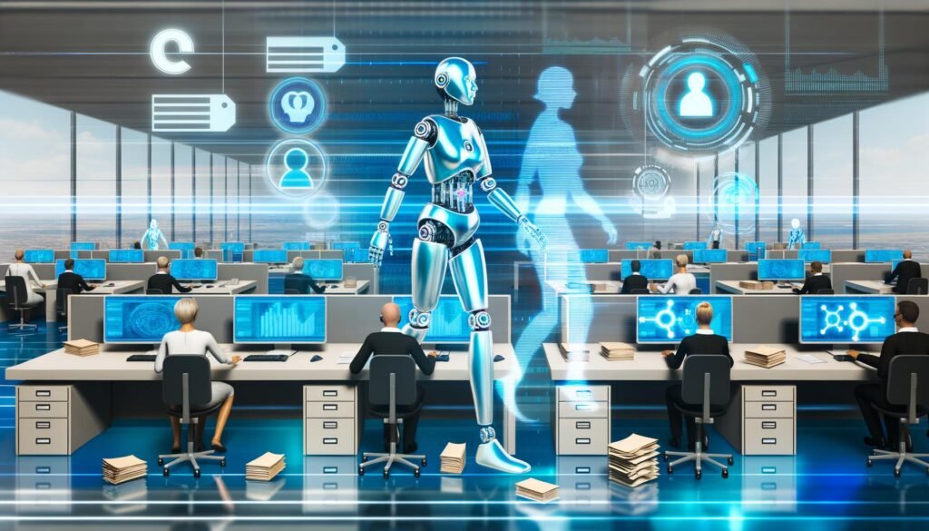 Futuristisches Büro mit humanoiden KI-Robotern und Beamten an holografischen Arbeitsplätzen, umgeben von Datenströmen, Aktenordnern und digitalen Benutzeroberflächen