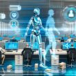 Futuristisches Büro mit humanoiden KI-Robotern und Beamten an holografischen Arbeitsplätzen, umgeben von Datenströmen, Aktenordnern und digitalen Benutzeroberflächen