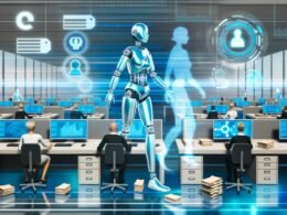 Futuristisches Büro mit humanoiden KI-Robotern und Beamten an holografischen Arbeitsplätzen, umgeben von Datenströmen, Aktenordnern und digitalen Benutzeroberflächen