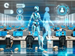 Futuristisches Büro mit humanoiden KI-Robotern und Beamten an holografischen Arbeitsplätzen, umgeben von Datenströmen, Aktenordnern und digitalen Benutzeroberflächen
