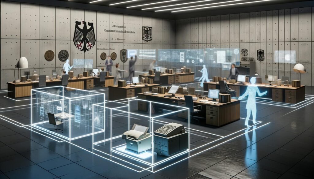 Offene deutsche Behörde mit Beamten, digitalen Dashboards, transparenten KI-Darstellungen und einem Mix aus Papierdokumenten und modernen Technologien.
