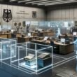 Offene deutsche Behörde mit Beamten, digitalen Dashboards, transparenten KI-Darstellungen und einem Mix aus Papierdokumenten und modernen Technologien.