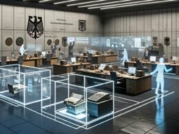 Offene deutsche Behörde mit Beamten, digitalen Dashboards, transparenten KI-Darstellungen und einem Mix aus Papierdokumenten und modernen Technologien.