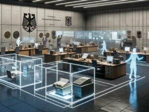 Offene deutsche Behörde mit Beamten, digitalen Dashboards, transparenten KI-Darstellungen und einem Mix aus Papierdokumenten und modernen Technologien.