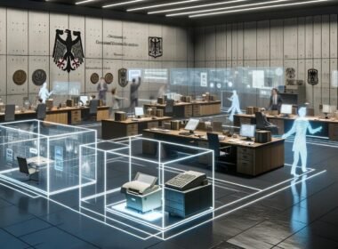 Offene deutsche Behörde mit Beamten, digitalen Dashboards, transparenten KI-Darstellungen und einem Mix aus Papierdokumenten und modernen Technologien.