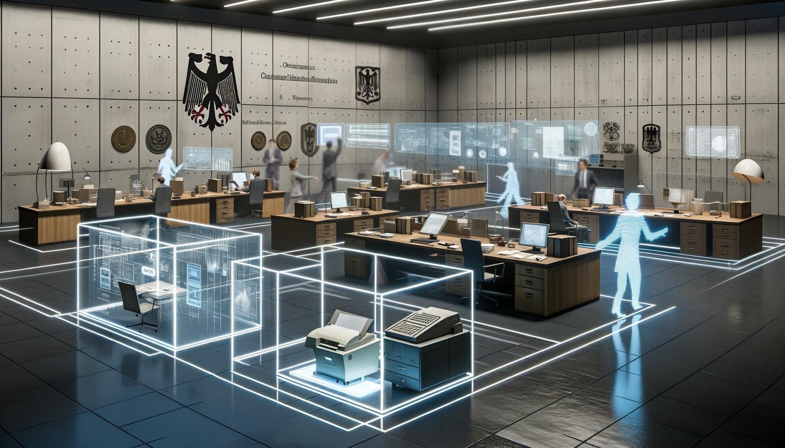 Offene deutsche Behörde mit Beamten, digitalen Dashboards, transparenten KI-Darstellungen und einem Mix aus Papierdokumenten und modernen Technologien.