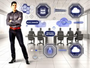 Marketer im Hightech-Büro mit digitalen Analysen, Daten-Pipelines und klar erkennbarem Wettbewerbsvorteil
