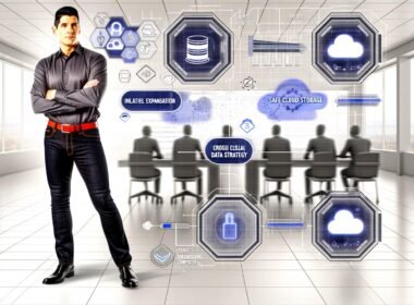 Marketer im Hightech-Büro mit digitalen Analysen, Daten-Pipelines und klar erkennbarem Wettbewerbsvorteil