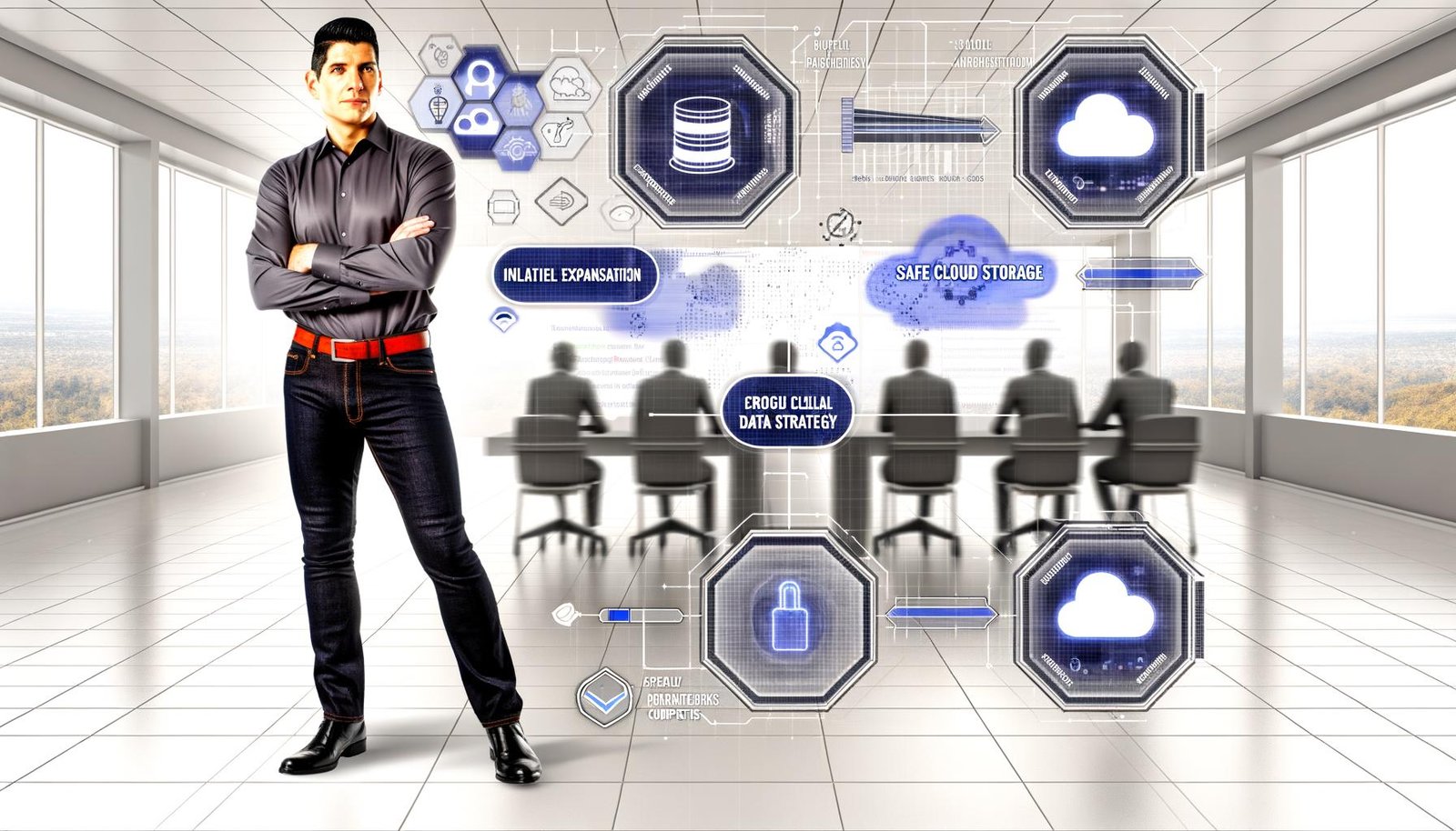 Marketer im Hightech-Büro mit digitalen Analysen, Daten-Pipelines und klar erkennbarem Wettbewerbsvorteil