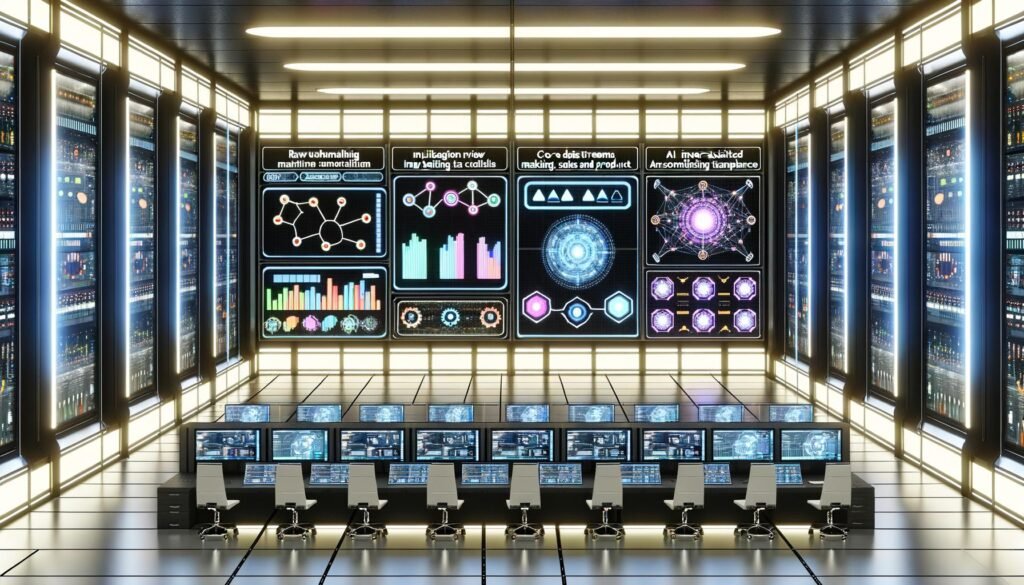 Futuristischer Maschinenraum mit LED-Dashboards, automatisierten Data Pipelines und High-Tech-Arbeitsplätzen, betrieben von einem digitalen Team in moderner, minimalistischer Umgebung.