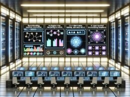 Futuristischer Maschinenraum mit LED-Dashboards, automatisierten Data Pipelines und High-Tech-Arbeitsplätzen, betrieben von einem digitalen Team in moderner, minimalistischer Umgebung.