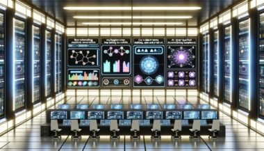 Futuristischer Maschinenraum mit LED-Dashboards, automatisierten Data Pipelines und High-Tech-Arbeitsplätzen, betrieben von einem digitalen Team in moderner, minimalistischer Umgebung.