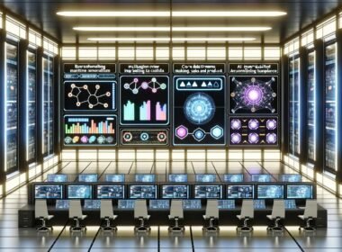 Futuristischer Maschinenraum mit LED-Dashboards, automatisierten Data Pipelines und High-Tech-Arbeitsplätzen, betrieben von einem digitalen Team in moderner, minimalistischer Umgebung.