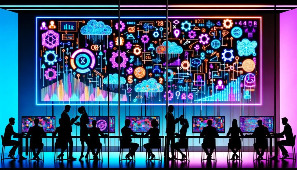 Magazin-Cover mit moderner Büroumgebung, Professionals analysieren interaktive Daten-Dashboards, umgeben von algorithmischen Netzwerken und Marketing-Icons bei Nacht.