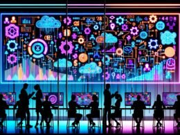 Magazin-Cover mit moderner Büroumgebung, Professionals analysieren interaktive Daten-Dashboards, umgeben von algorithmischen Netzwerken und Marketing-Icons bei Nacht.
