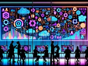 Magazin-Cover mit moderner Büroumgebung, Professionals analysieren interaktive Daten-Dashboards, umgeben von algorithmischen Netzwerken und Marketing-Icons bei Nacht.